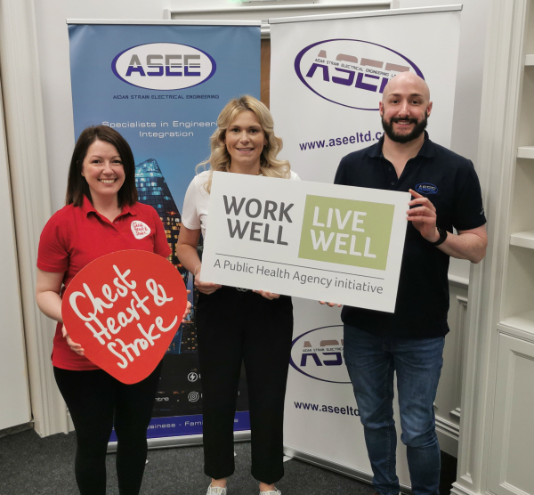 ASEE LTD Emma Mc Crudden Work Well Live Well Programme Manager at Northern Ireland Chest Heart Stroke with Heather Mc Cracken HR Manager and Alastair Chambers Marketing Manager at ASEE Ltd w
