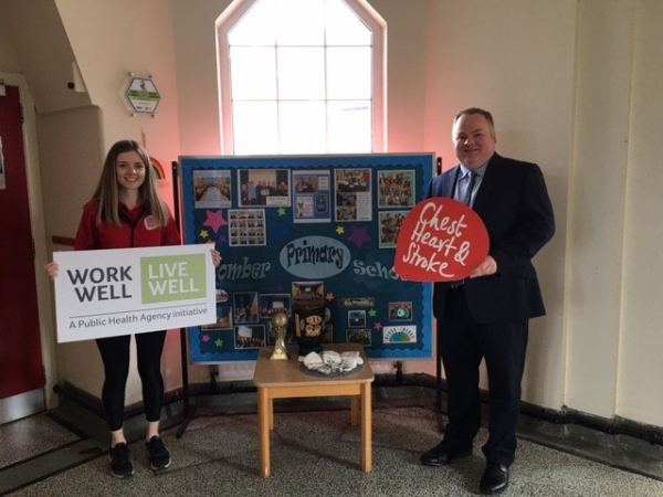 COMBER PS Rebecca Hawkins Workplace Health and Wellbeing Co ordinator at Northern Ireland Chest Heart Stroke with Matthew Skimin Vice Principal at Comber Primary School